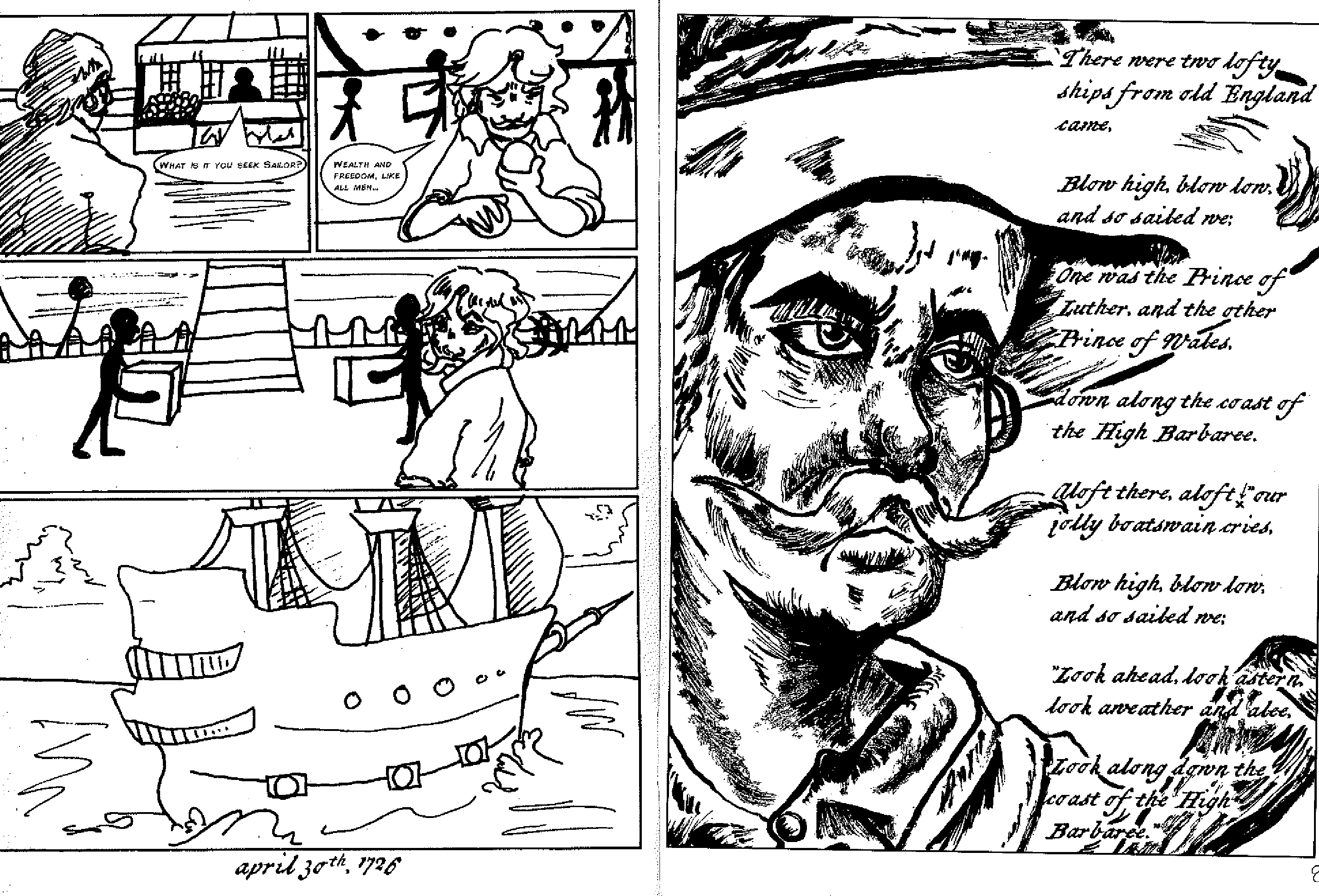 black and white illustrated comic showing two panels of pirates talking on a ship
